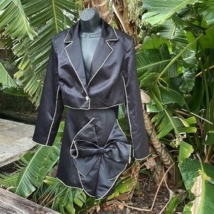 L’atiste rhinestone, trim satin crop blazer and skirt with giant bow